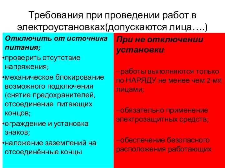 Требования при проведении работ в электроустановках(допускаются лица….) Отключить от источника питания;