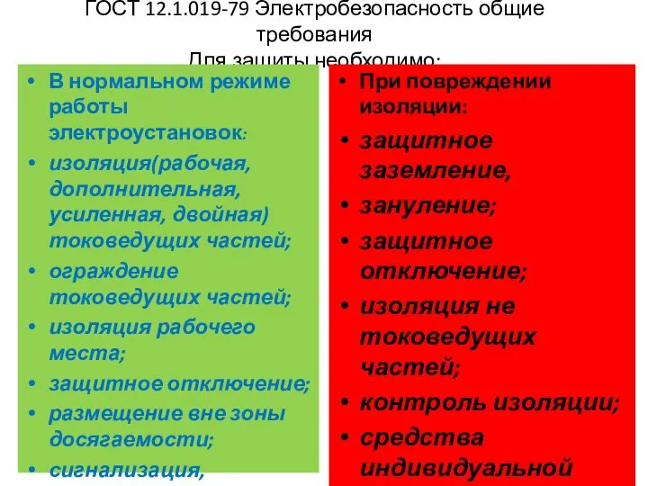 ГОСТ 12.1.019-79 Электробезопасность общие требования Для защиты необходимо: В нормальном режиме