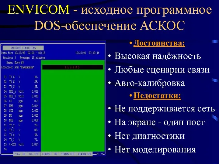 ENVICOM - исходное программное DOS-обеспечение АСКОС Достоинства: Высокая надёжность Любые сценарии