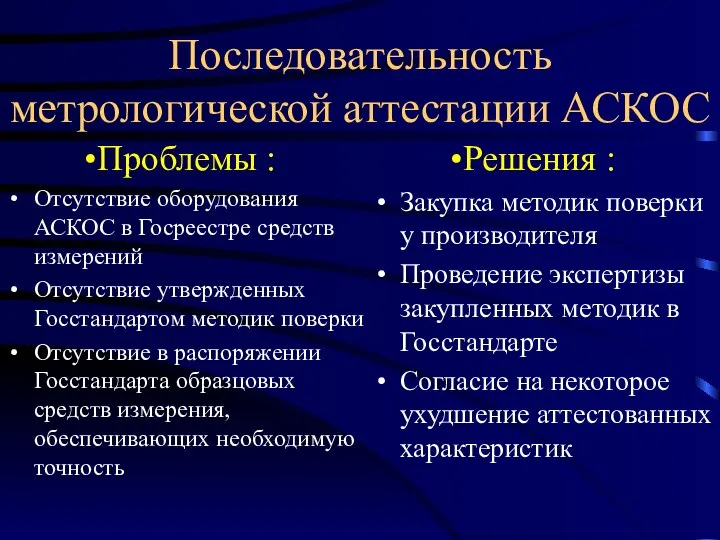 Последовательность метрологической аттестации АСКОС Проблемы : Отсутствие оборудования АСКОС в Госреестре