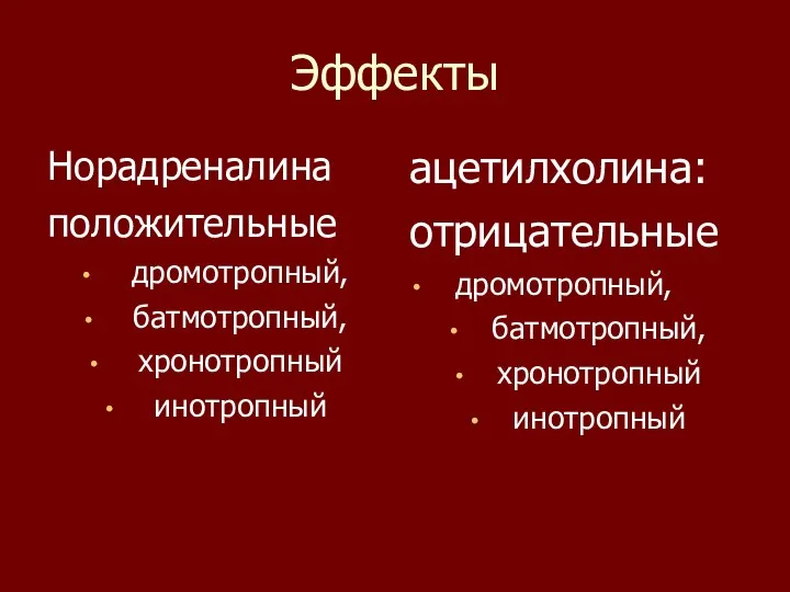 Эффекты Норадреналина положительные дромотропный, батмотропный, хронотропный инотропный ацетилхолина: отрицательные дромотропный, батмотропный, хронотропный инотропный