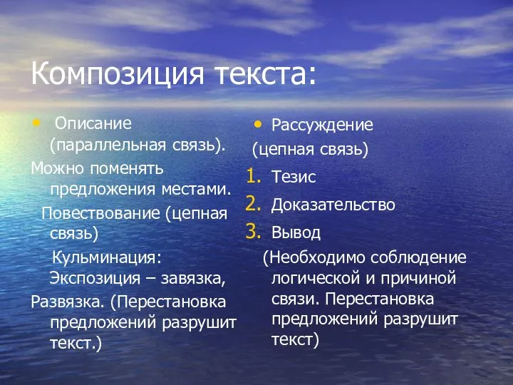 Композиция текста: Описание (параллельная связь). Можно поменять предложения местами. Повествование (цепная