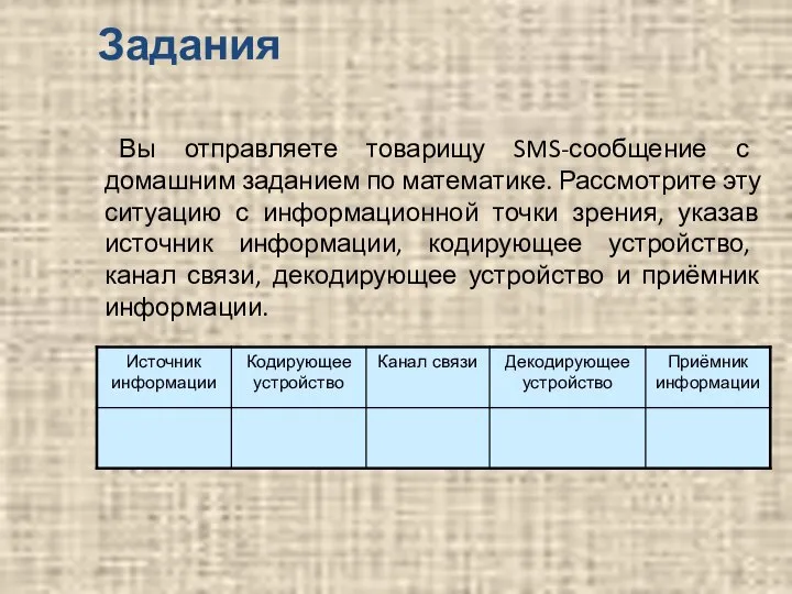 Задания Вы отправляете товарищу SMS-сообщение с домашним заданием по математике. Рассмотрите