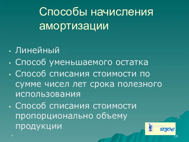 * Способы начисления амортизации Линейный Способ уменьшаемого остатка Способ списания стоимости