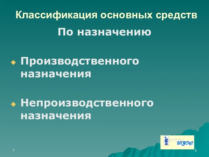 * Классификация основных средств По назначению Производственного назначения Непроизводственного назначения