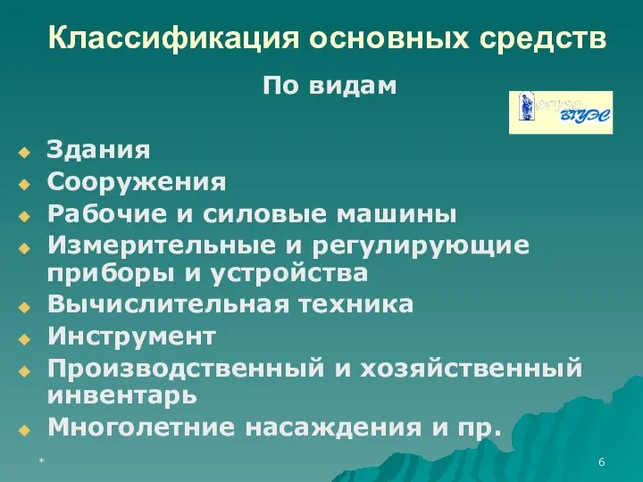 * Классификация основных средств По видам Здания Сооружения Рабочие и силовые