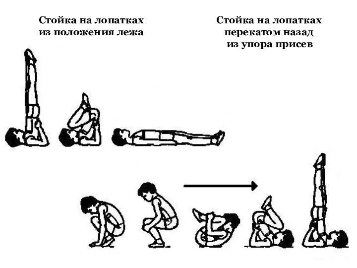 Стойка на лопатках Стойка на лопатках из положения лежа перекатом назад из упора присев