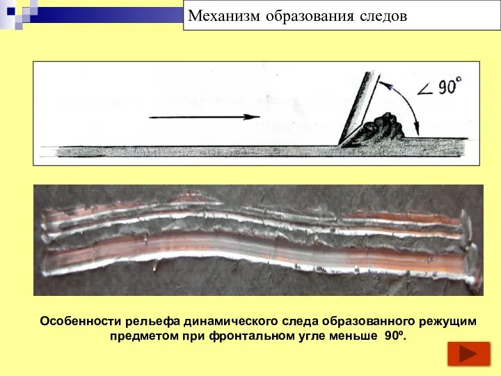Особенности рельефа динамического следа образованного режущим предметом при фронтальном угле меньше 90º. Механизм образования следов