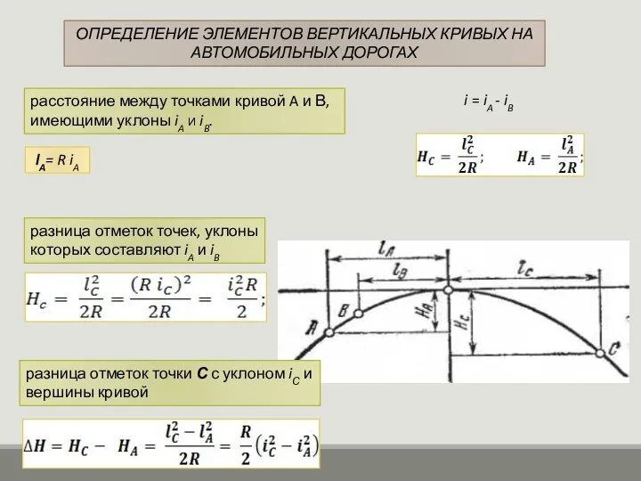 ОПРЕДЕЛЕНИЕ ЭЛЕМЕНТОВ ВЕРТИКАЛЬНЫХ КРИВЫХ НА АВТОМОБИЛЬНЫХ ДОРОГАХ разница отметок точки С