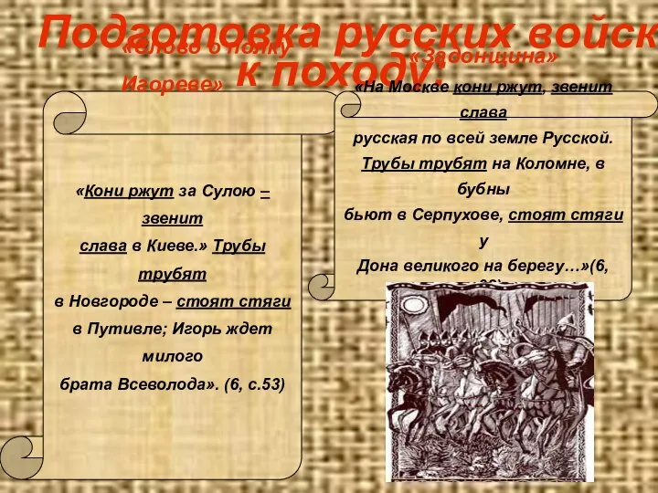 Подготовка русских войск к походу: «Слово о полку Игореве» «Кони ржут