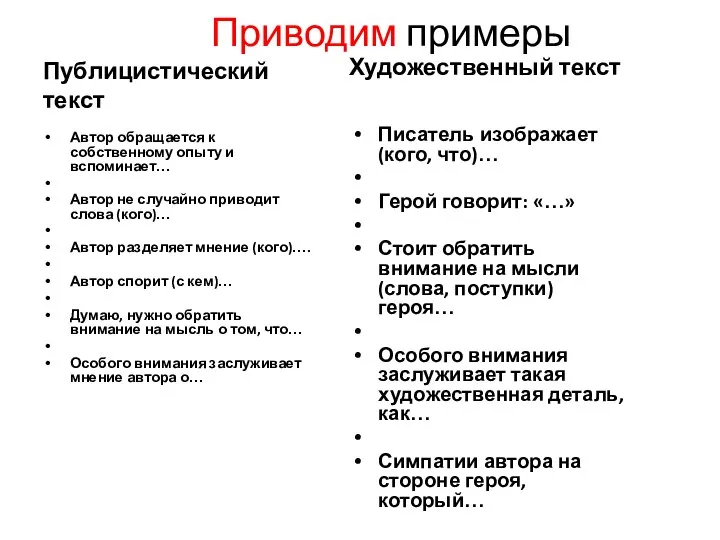 Приводим примеры Автор обращается к собственному опыту и вспоминает… Автор не