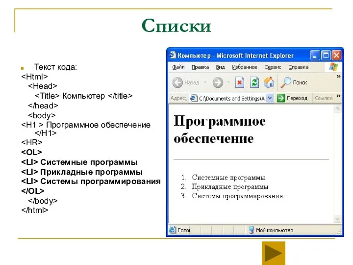 Списки Текст кода: Компьютер Программное обеспечение Системные программы Прикладные программы Системы программирования