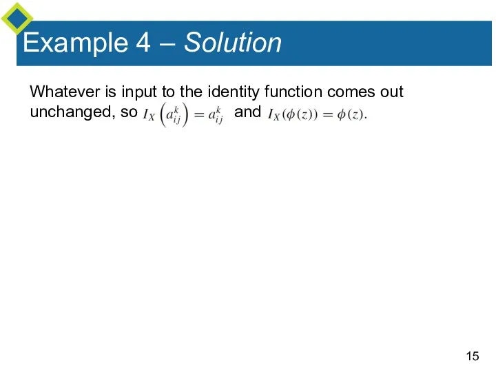 Example 4 – Solution Whatever is input to the identity function comes out unchanged, so and