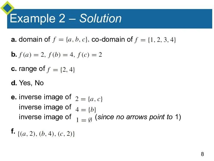 Example 2 – Solution a. domain of co-domain of b. c.