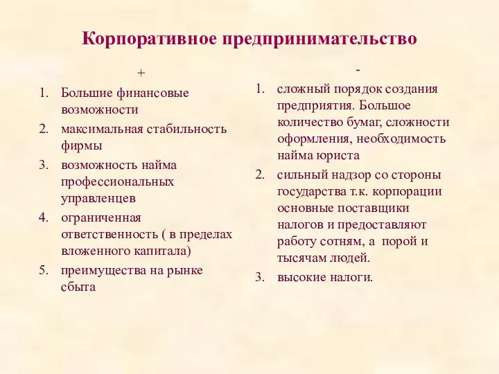 Корпоративное предпринимательство + Большие финансовые возможности максимальная стабильность фирмы возможность найма