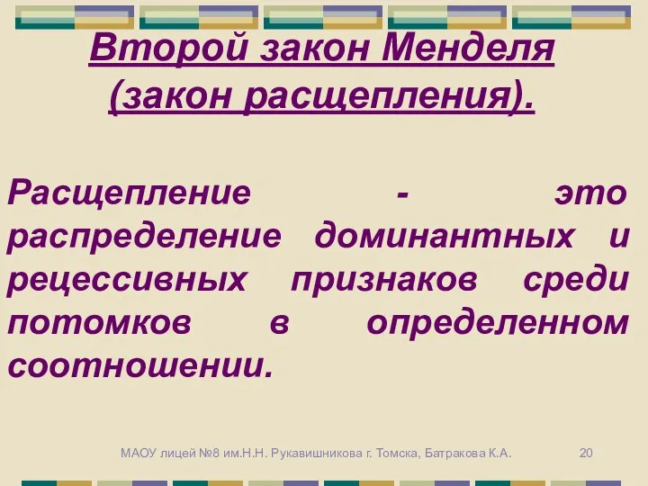 Второй закон Менделя (закон расщепления). Расщепление - это распределение доминантных и