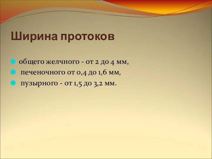 Ширина протоков общего желчного - от 2 до 4 мм, печеночного