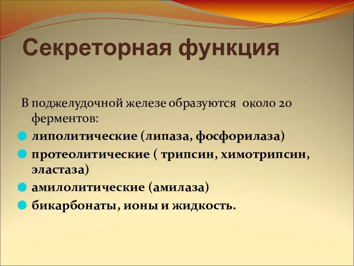 Секреторная функция В поджелудочной железе образуются около 20 ферментов: липолитические (липаза,