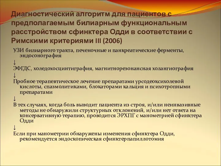 Диагностический алгоритм для пациентов с предполагаемым билиарным функциональным расстройством сфинктера Одди