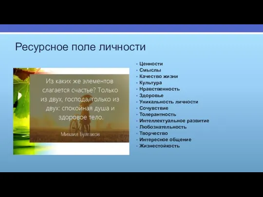 Ресурсное поле личности Ценности Смыслы Качество жизни Культура Нравственность Здоровье Уникальность