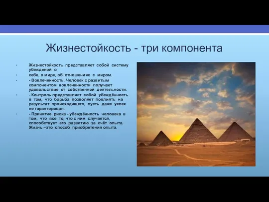 Жизнестойкость - три компонента Жизнестойкость представляет собой систему убеждений о себе,