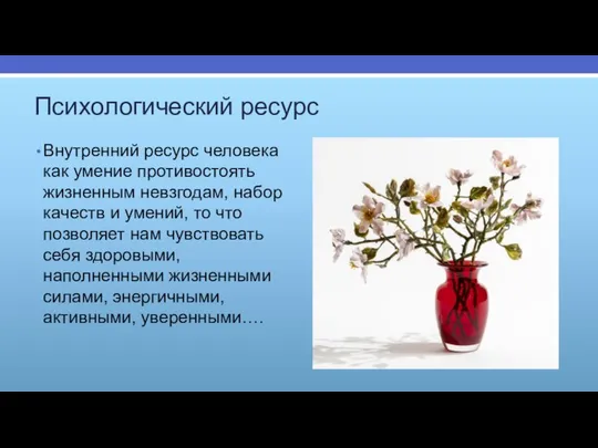 Психологический ресурс Внутренний ресурс человека как умение противостоять жизненным невзгодам, набор