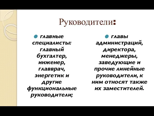 Руководители: главные специалисты: главный бухгалтер, инженер, главврач, энергетик и другие функциональные