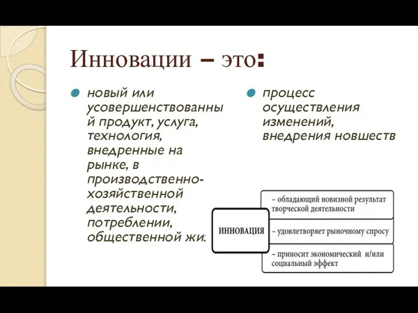 Инновации – это: новый или усовершенствованный продукт, услуга, технология, внедренные на