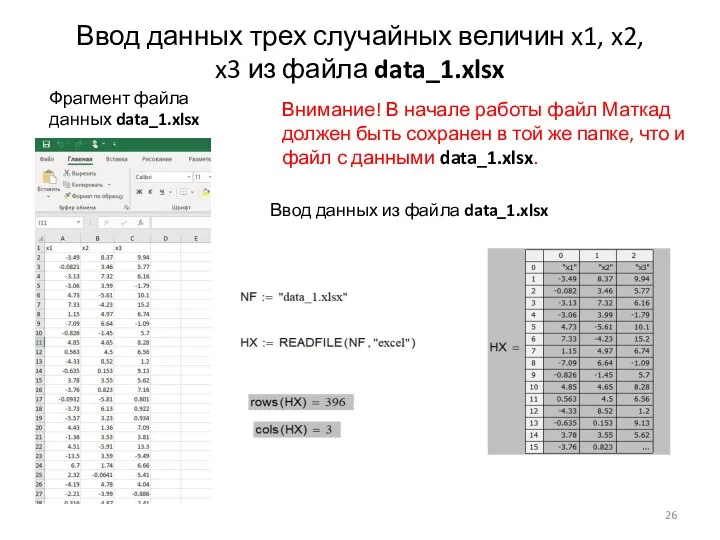 Ввод данных трех случайных величин x1, x2, x3 из файла data_1.xlsx