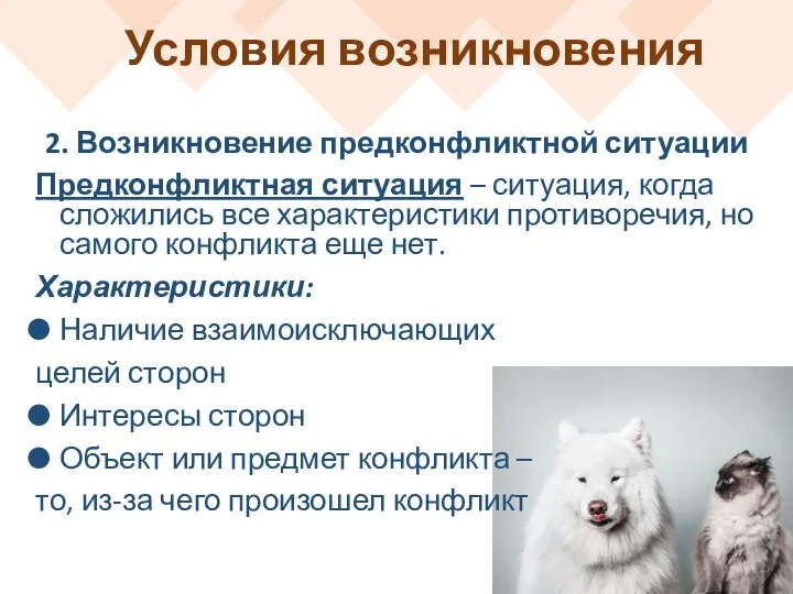 Условия возникновения 2. Возникновение предконфликтной ситуации Предконфликтная ситуация – ситуация, когда