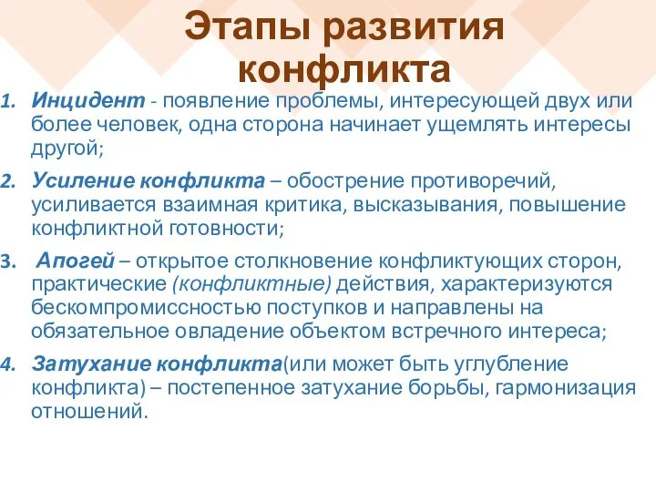 Этапы развития конфликта Инцидент - появление проблемы, интересующей двух или более