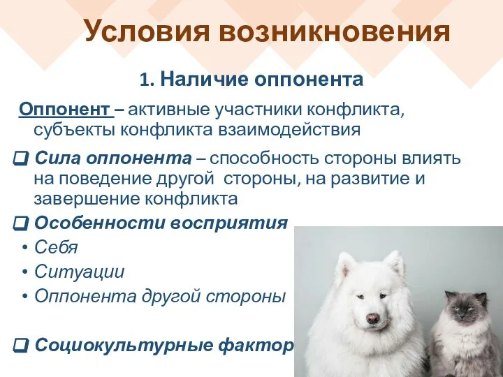 Условия возникновения 1. Наличие оппонента Оппонент – активные участники конфликта, субъекты