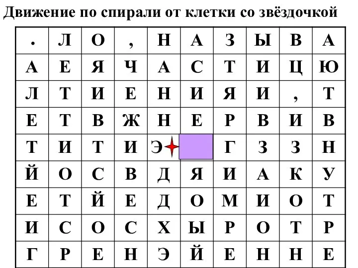 Движение по спирали от клетки со звёздочкой .