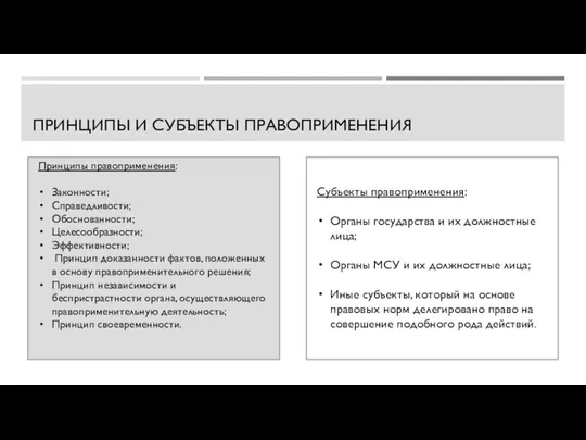 ПРИНЦИПЫ И СУБЪЕКТЫ ПРАВОПРИМЕНЕНИЯ Принципы правоприменения: Законности; Справедливости; Обоснованности; Целесообразности; Эффективности;