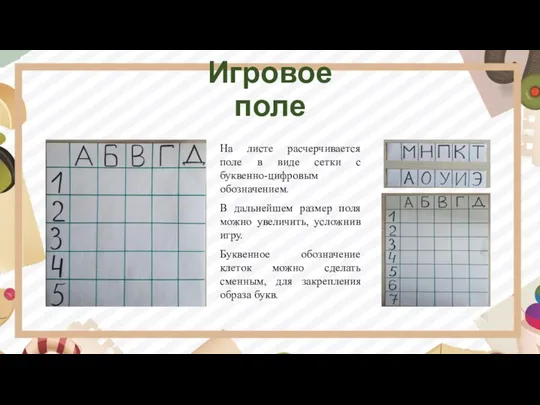 Игровое поле На листе расчерчивается поле в виде сетки с буквенно-цифровым