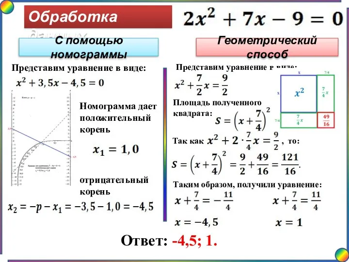 Обработка данных Ответ: -4,5; 1. С помощью номограммы Геометрический способ Представим