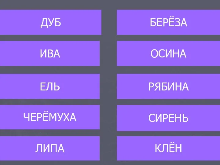 ДУБ БЕРЁЗА ОСИНА РЯБИНА ЧЕРЁМУХА СИРЕНЬ ЕЛЬ ИВА ЛИПА КЛЁН