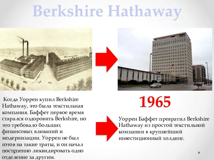 Berkshire Hathaway Когда Уоррен купил Berkshire Hathaway, это была текстильная компания.