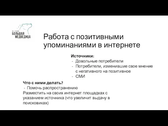 Работа с позитивными упоминаниями в интернете Источники: Довольные потребители Потребители, изменившие