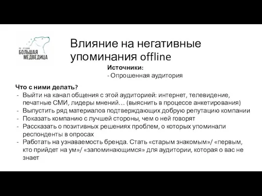 Влияние на негативные упоминания offline Источники: - Опрошенная аудитория Что с