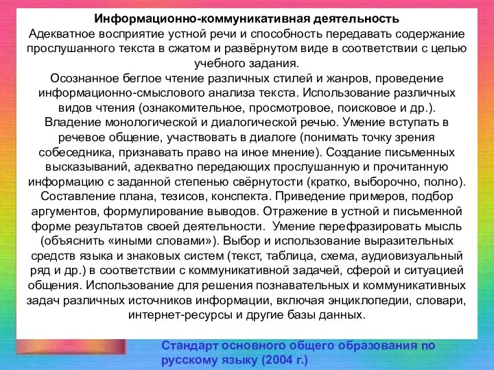 Информационно-коммуникативная деятельность Адекватное восприятие устной речи и способность передавать содержание прослушанного