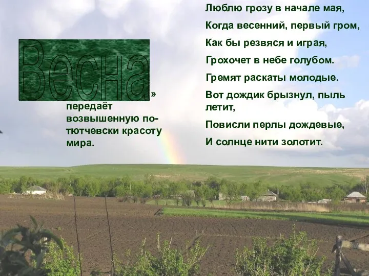 «Весенняя гроза» передаёт возвышенную по-тютчевски красоту мира. Люблю грозу в начале