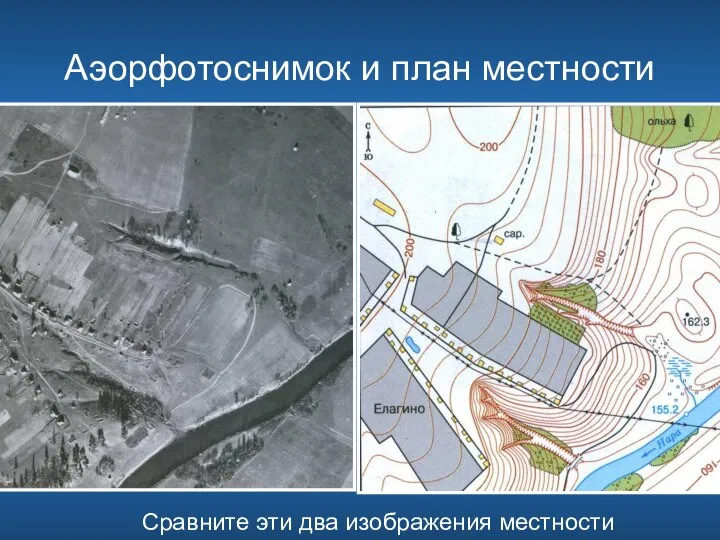 Аэорфотоснимок и план местности Сравните эти два изображения местности