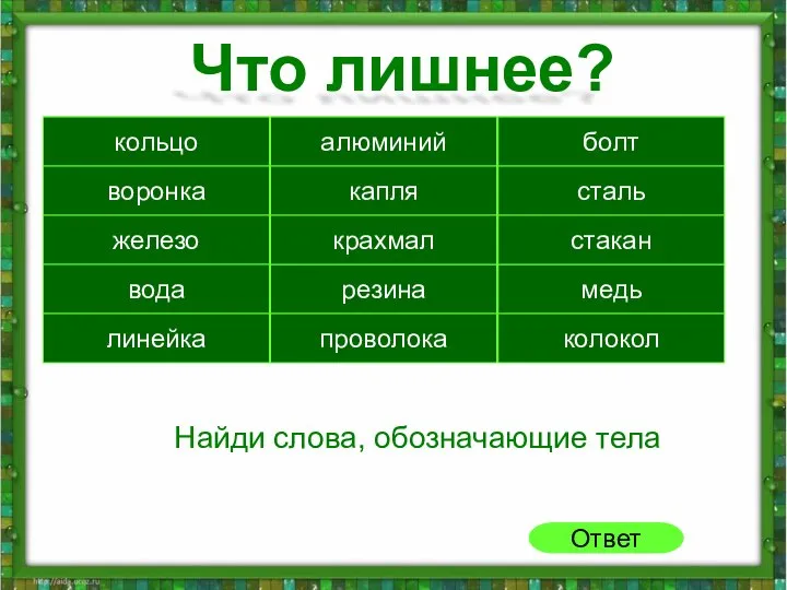 Найди слова, обозначающие тела кольцо алюминий болт воронка капля железо сталь