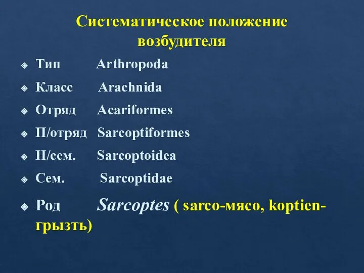 Систематическое положение возбудителя Тип Arthropoda Класс Arachnida Отряд Acariformes П/отряд Sarcoptiformes