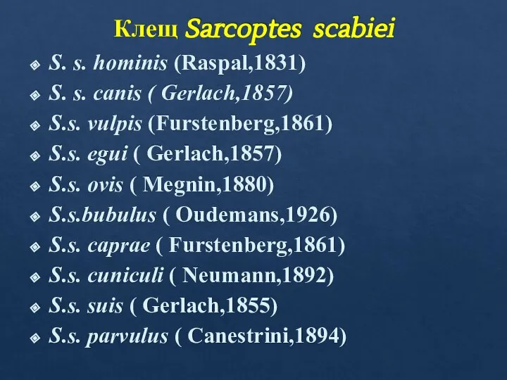 Клещ Sarcoptes scabiei S. s. hominis (Raspal,1831) S. s. canis (