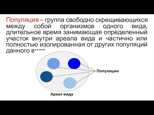 Популяция – группа свободно скрещивающихся между собой организмов одного вида, длительное