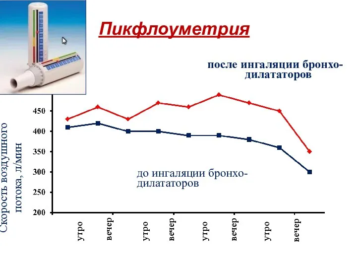 Пикфлоуметрия Скорость воздушного потока, л/мин после ингаляции бронхо- дилататоров до ингаляции