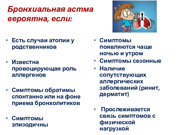 Бронхиальная астма вероятна, если: Есть случаи атопии у родственников Известна провоцирующая