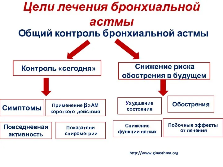 Цели лечения бронхиальной астмы Общий контроль бронхиальной астмы Контроль «сегодня» Снижение